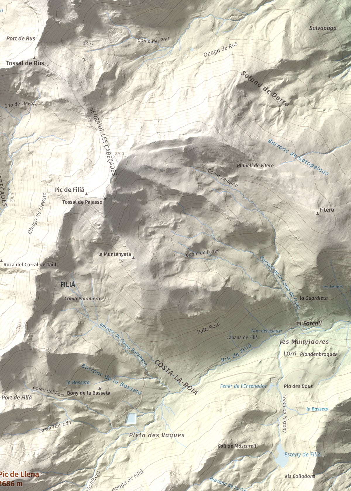 Mapa de relieve de Pic de Llena, 2686 m, Pallars Jussà, lámina 100 Cims de Trobart. Detalle de la zona superior derecha. 50 × 70 cm.