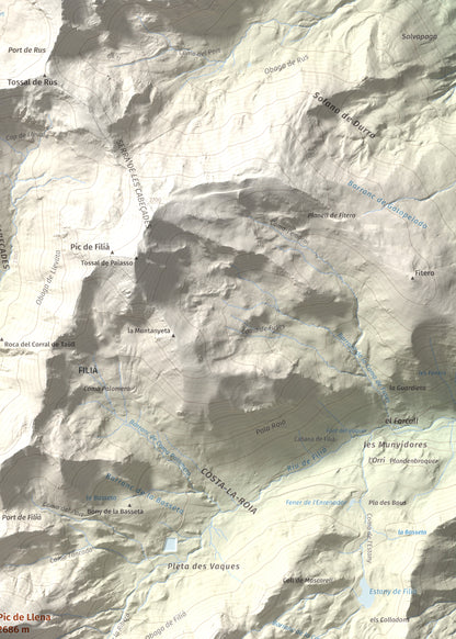 Mapa de relieve de Pic de Llena, 2686 m, Pallars Jussà, lámina 100 Cims de Trobart. Detalle de la zona superior derecha. 50 × 70 cm.