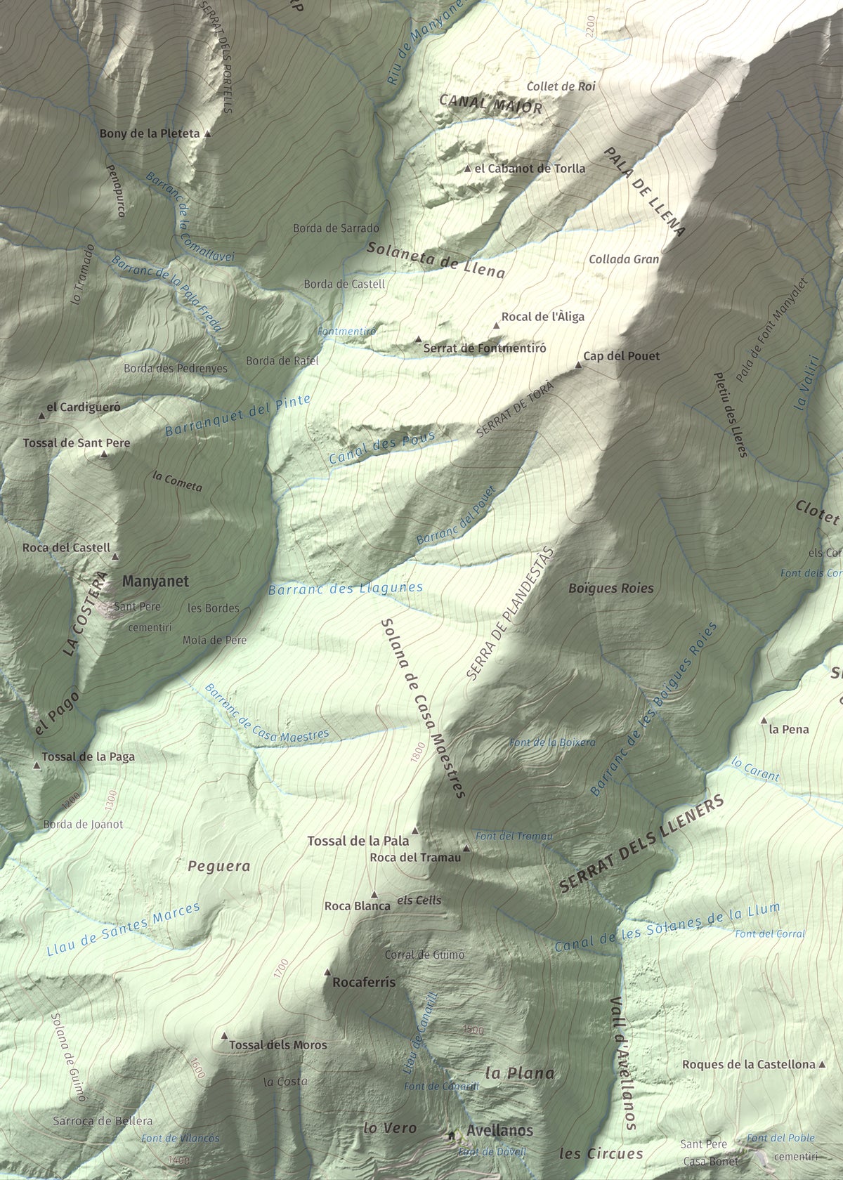 Mapa de relieve de Pic de Llena, 2686 m, Pallars Jussà, lámina 100 Cims de Trobart. Detalle de la zona inferior izquierda. 50 × 70 cm.