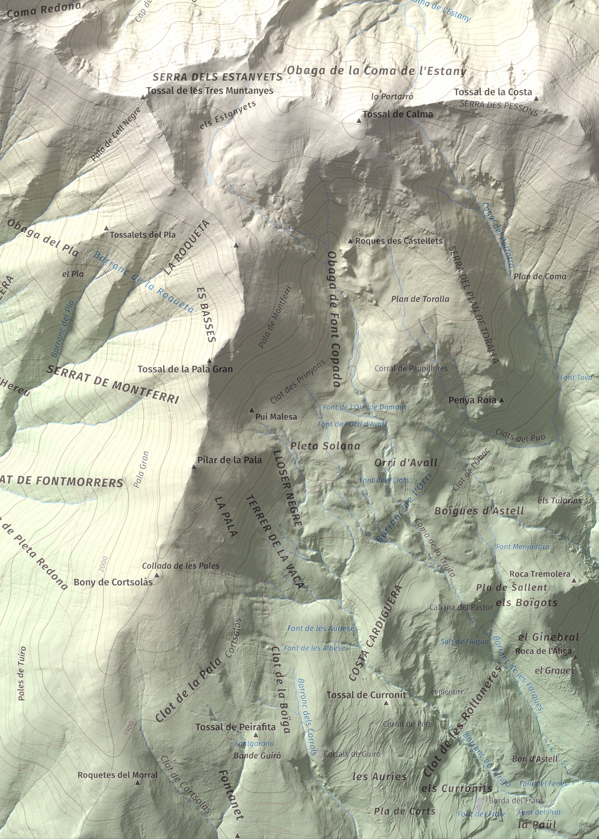 Mapa de relieve de Pic de Llena, 2686 m, Pallars Jussà, lámina 100 Cims de Trobart. Detalle de la zona inferior derecha. 50 × 70 cm.