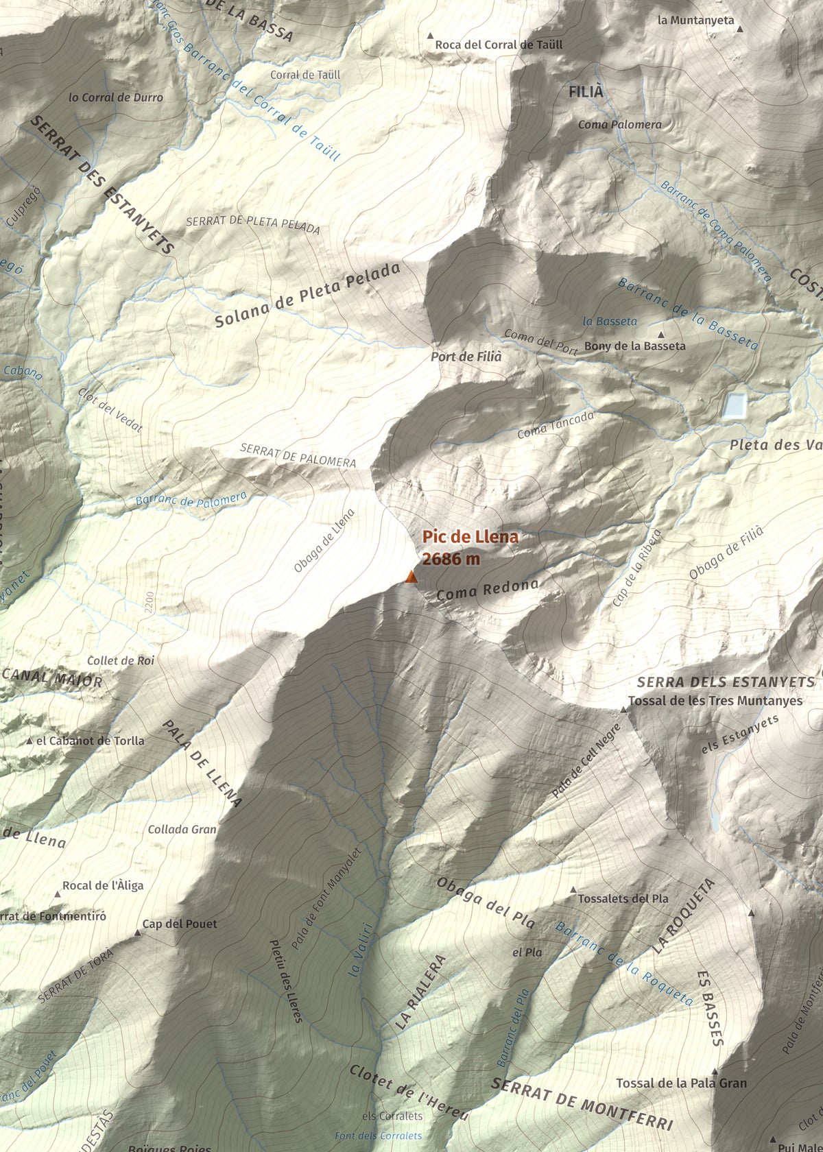 Mapa de relieve de Pic de Llena, 2686 m, Pallars Jussà, lámina 100 Cims de Trobart. Detalle de la zona central. 50 × 70 cm.
