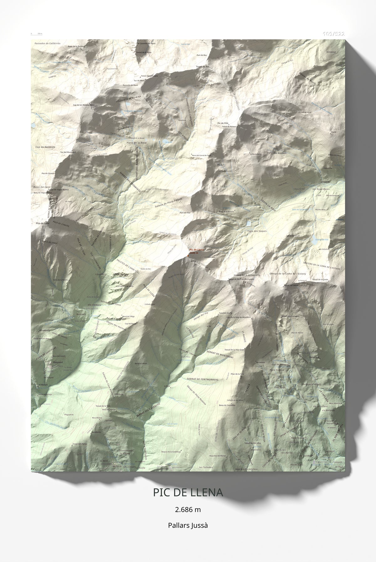Mapa de relieve de Pic de Llena, 2686 m, Pallars Jussà, lámina 100 Cims de Trobart 61 × 91 cm.