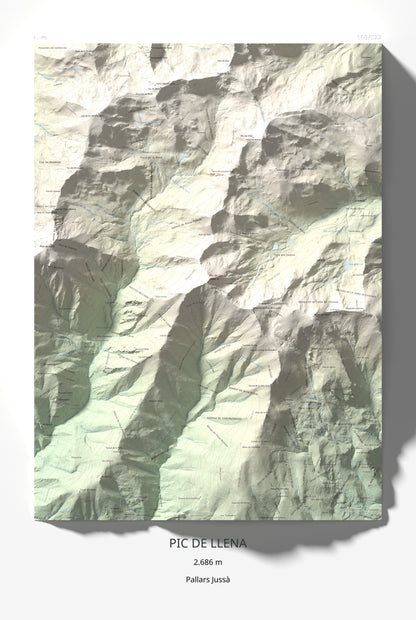 Mapa de relieve de Pic de Llena, 2686 m, Pallars Jussà, lámina 100 Cims de Trobart 61 × 91 cm.
