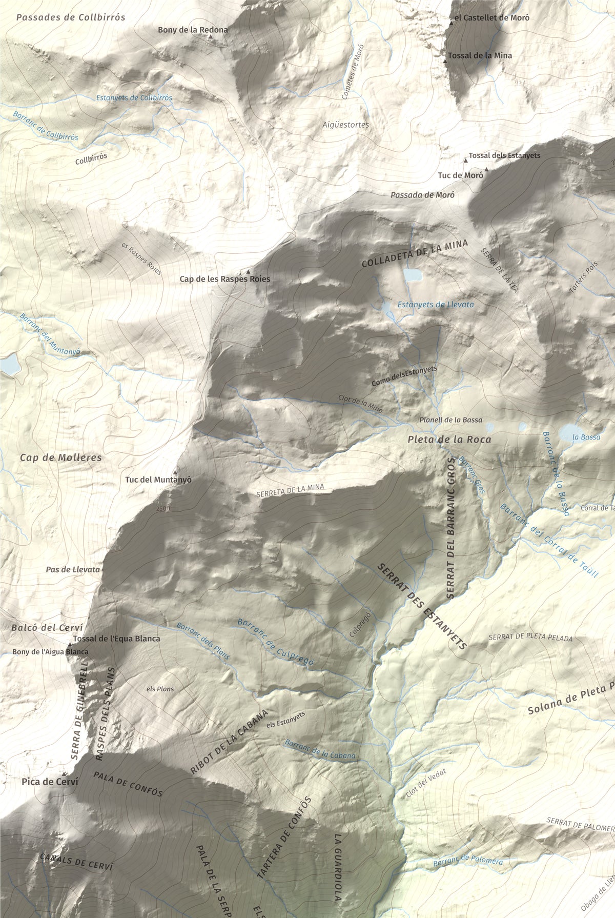 Mapa de relieve de Pic de Llena, 2686 m, Pallars Jussà, lámina 100 Cims de Trobart. Detalle de la zona superior izquierda. 61 × 91 cm.