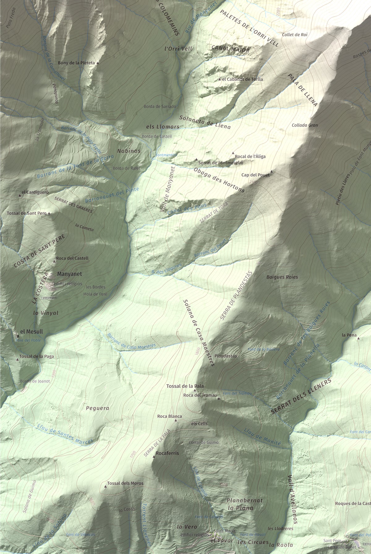 Mapa de relieve de Pic de Llena, 2686 m, Pallars Jussà, lámina 100 Cims de Trobart. Detalle de la zona inferior izquierda. 61 × 91 cm.