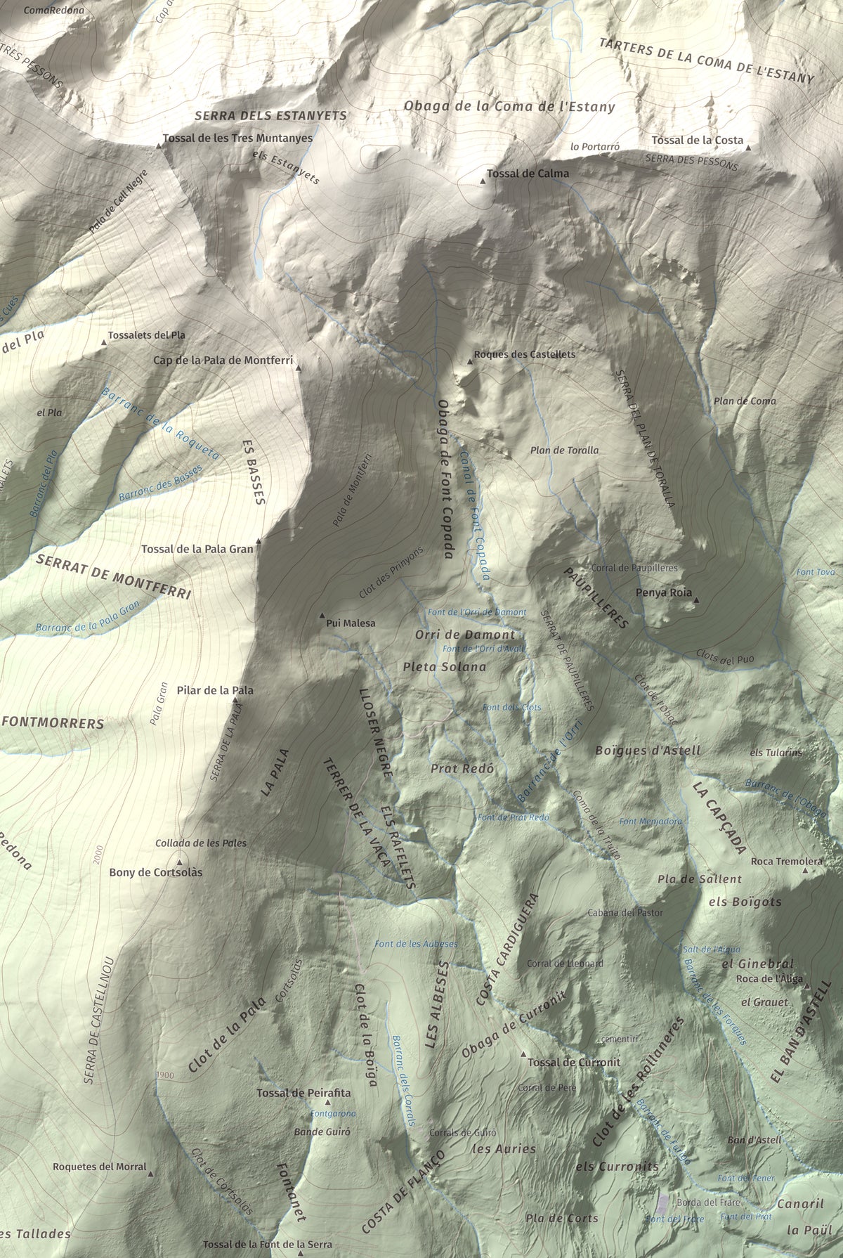 Mapa de relieve de Pic de Llena, 2686 m, Pallars Jussà, lámina 100 Cims de Trobart. Detalle de la zona inferior derecha. 61 × 91 cm.