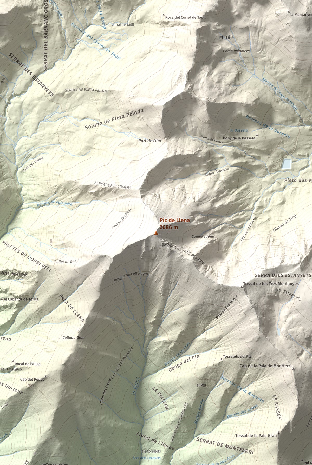 Mapa de relieve de Pic de Llena, 2686 m, Pallars Jussà, lámina 100 Cims de Trobart. Detalle de la zona central. 61 × 91 cm.