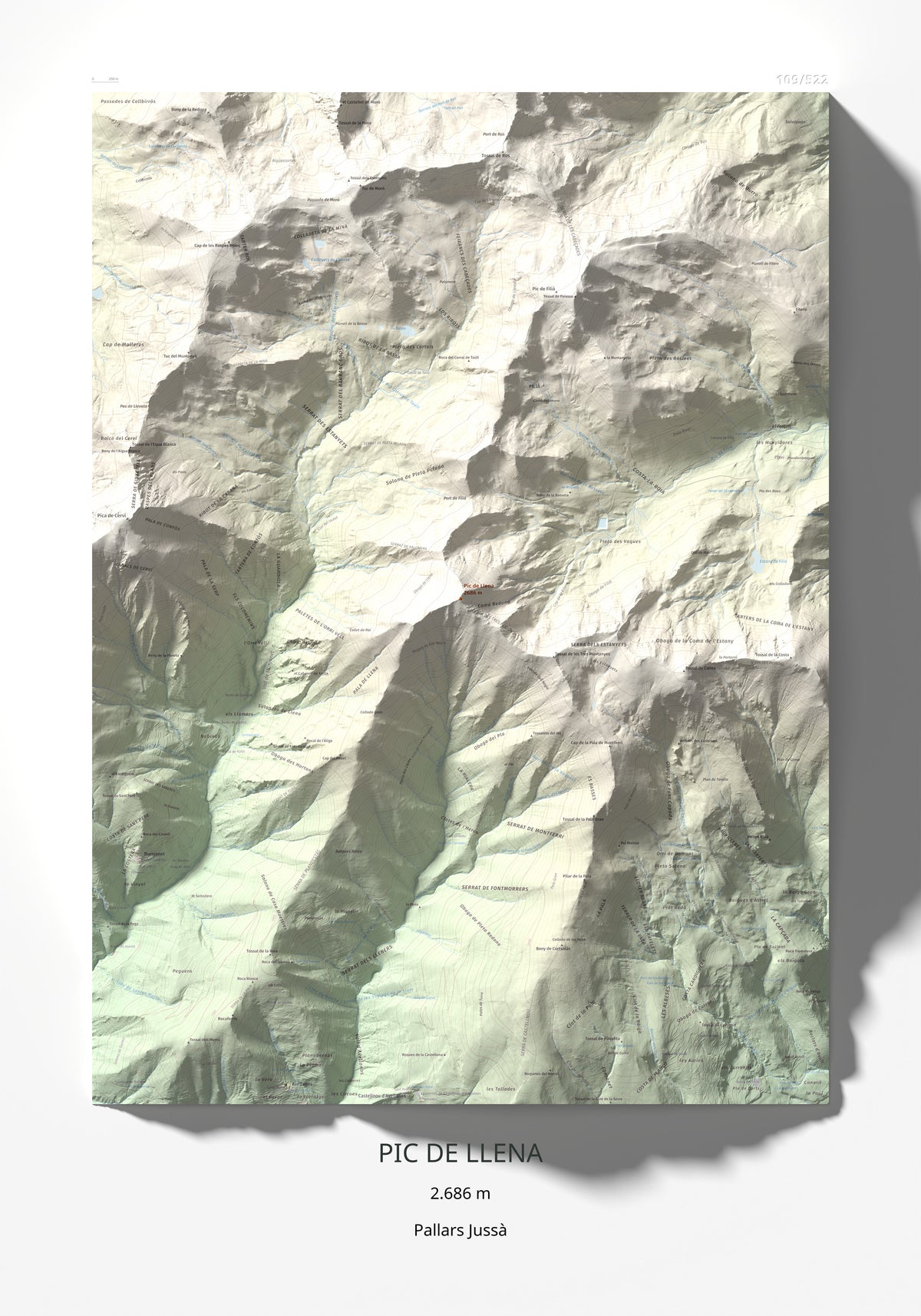 Mapa de relieve de Pic de Llena, 2686 m, Pallars Jussà, lámina 100 Cims de Trobart 70 × 100 cm.