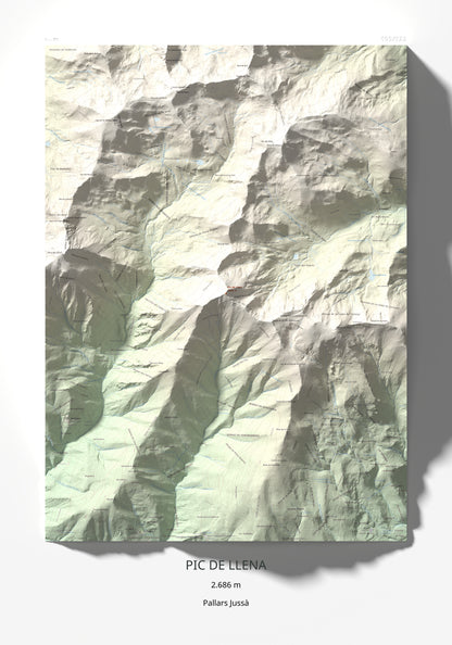 Mapa de relieve de Pic de Llena, 2686 m, Pallars Jussà, lámina 100 Cims de Trobart 70 × 100 cm.