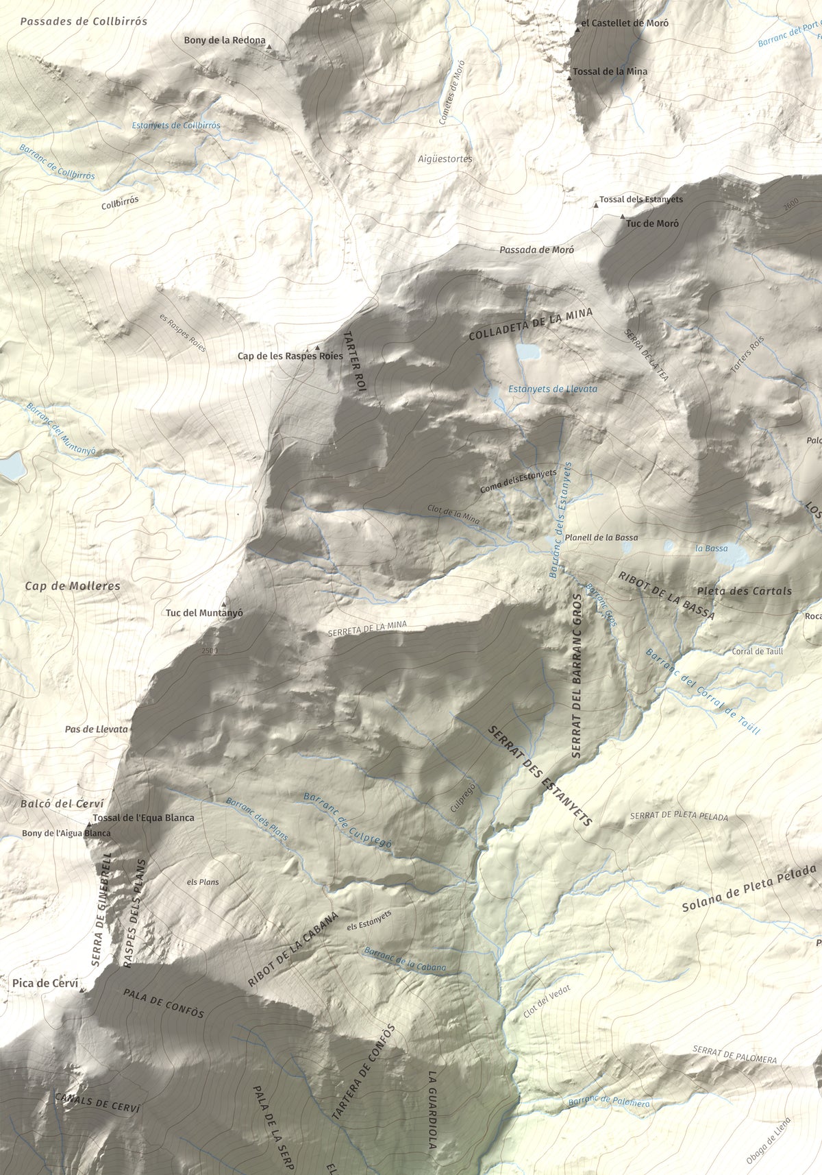 Mapa de relieve de Pic de Llena, 2686 m, Pallars Jussà, lámina 100 Cims de Trobart. Detalle de la zona superior izquierda. 70 × 100 cm.