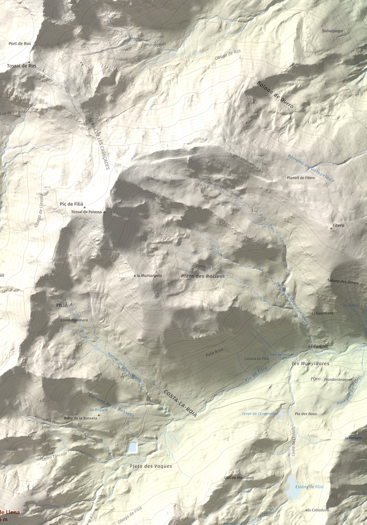 Mapa de relieve de Pic de Llena, 2686 m, Pallars Jussà, lámina 100 Cims de Trobart. Detalle de la zona superior derecha. 70 × 100 cm.