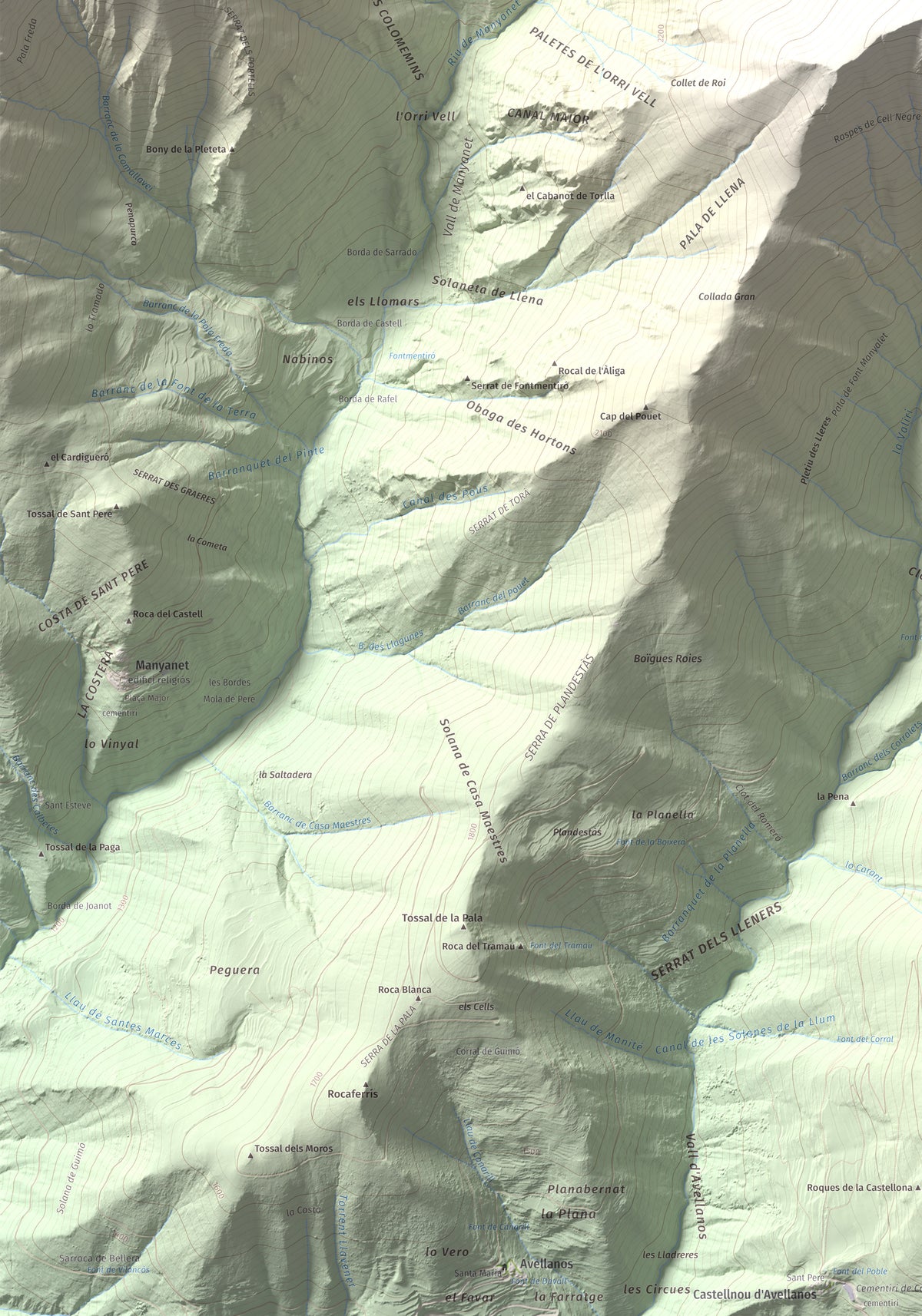 Mapa de relieve de Pic de Llena, 2686 m, Pallars Jussà, lámina 100 Cims de Trobart. Detalle de la zona inferior izquierda. 70 × 100 cm.
