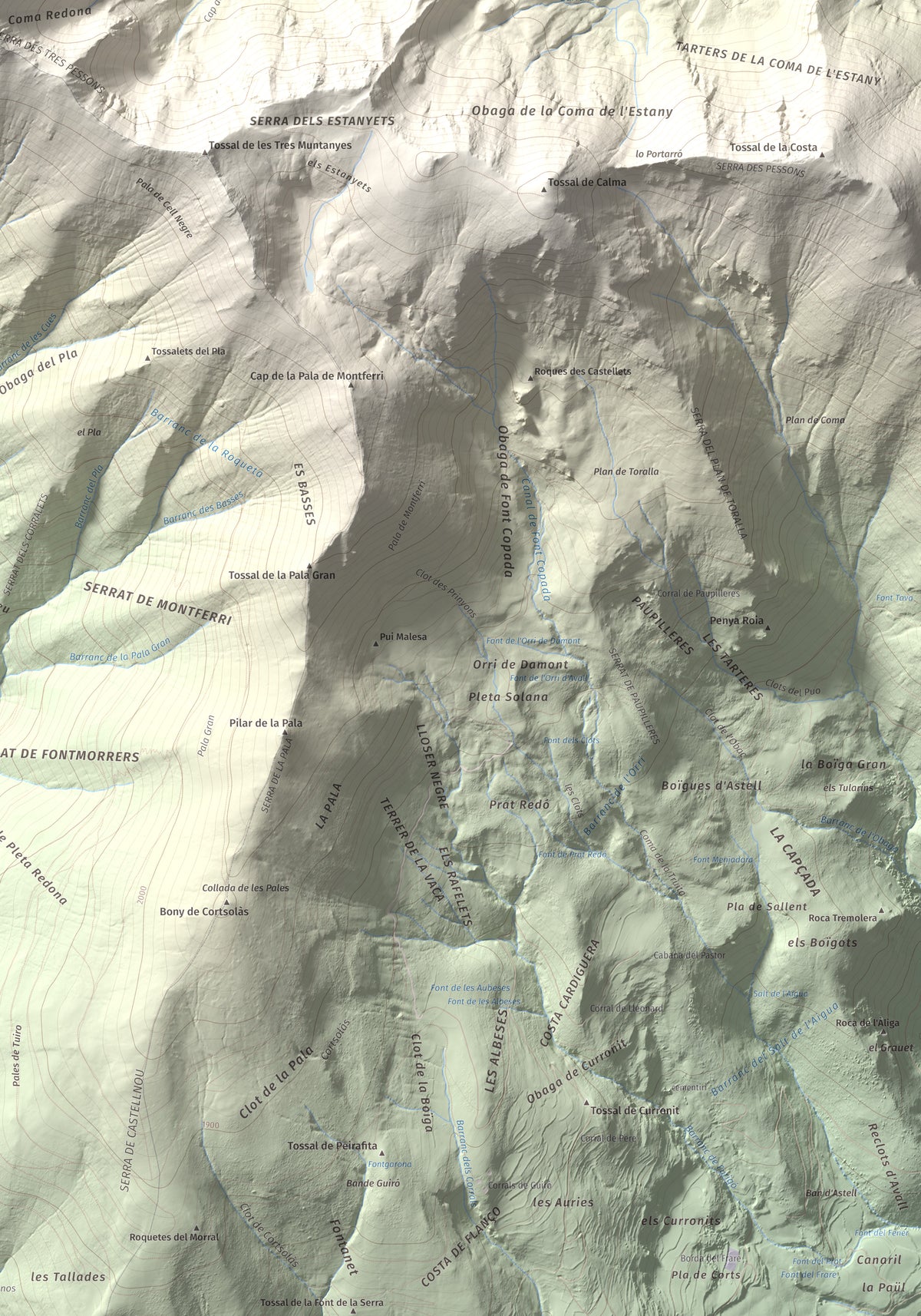 Mapa de relieve de Pic de Llena, 2686 m, Pallars Jussà, lámina 100 Cims de Trobart. Detalle de la zona inferior derecha. 70 × 100 cm.