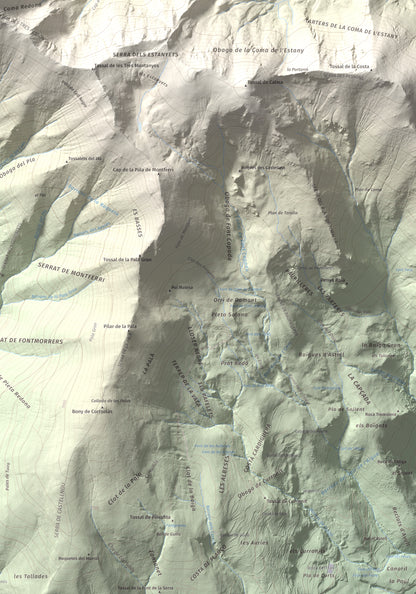 Mapa de relieve de Pic de Llena, 2686 m, Pallars Jussà, lámina 100 Cims de Trobart. Detalle de la zona inferior derecha. 70 × 100 cm.