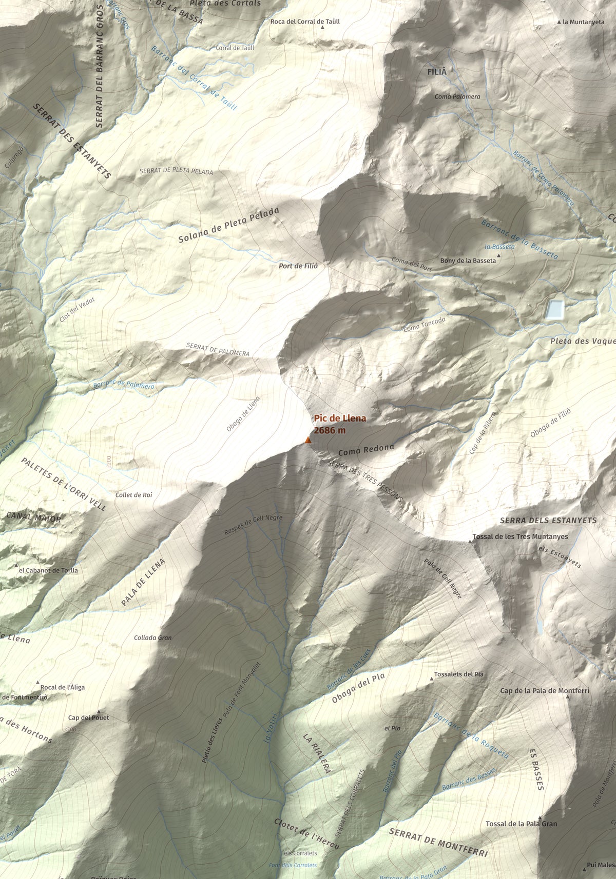 Mapa de relieve de Pic de Llena, 2686 m, Pallars Jussà, lámina 100 Cims de Trobart. Detalle de la zona central. 70 × 100 cm.