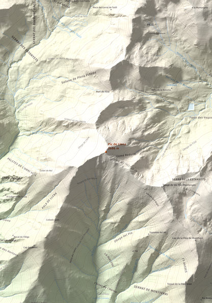 Mapa de relieve de Pic de Llena, 2686 m, Pallars Jussà, lámina 100 Cims de Trobart. Detalle de la zona central. 70 × 100 cm.