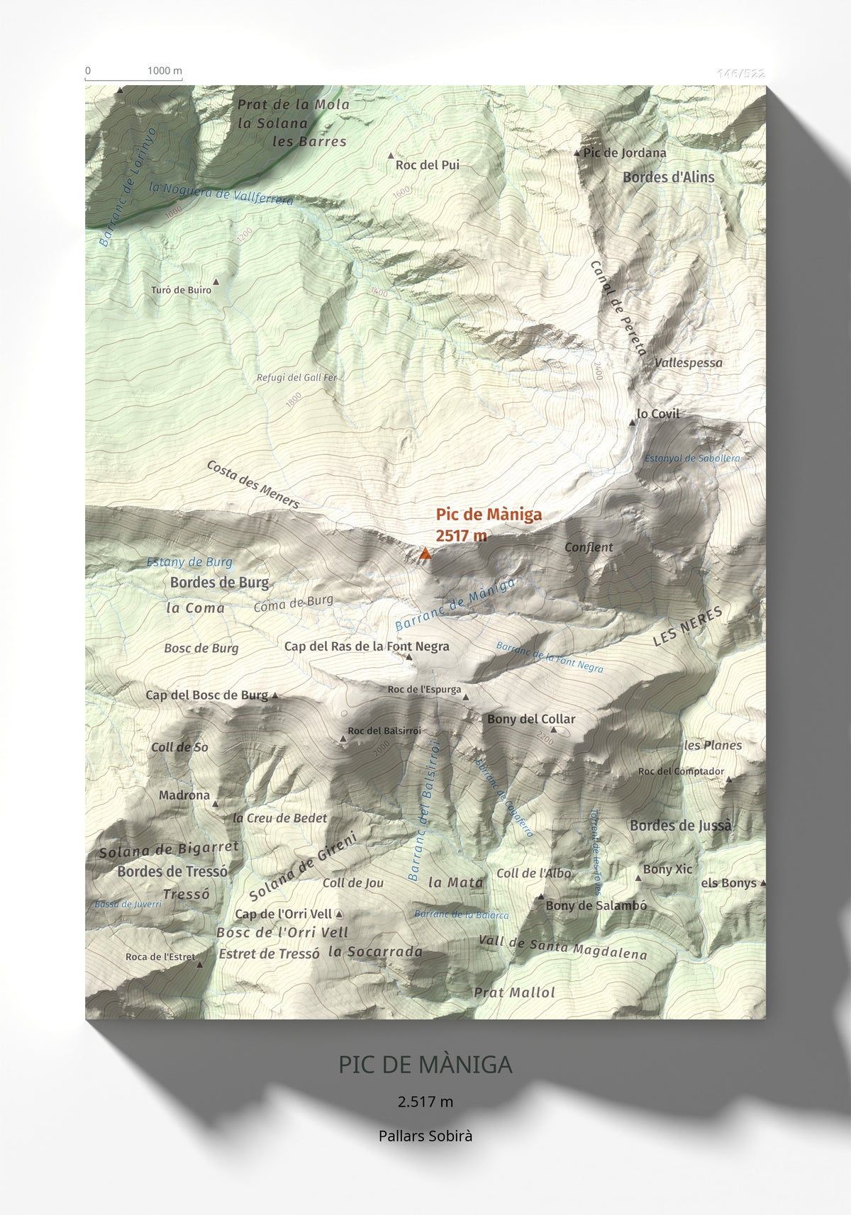 Mapa de relieve de Pic de Màniga, 2517 m, Pallars Sobirà, lámina 100 Cims de Trobart 21 × 30 cm.