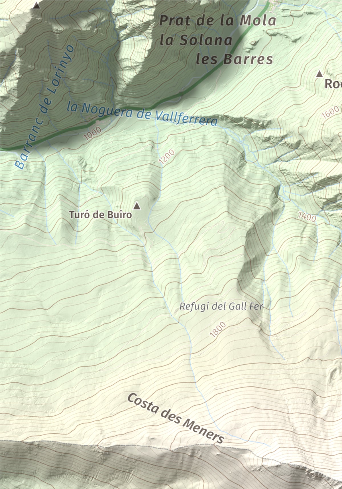 Mapa de relieve de Pic de Màniga, 2517 m, Pallars Sobirà, lámina 100 Cims de Trobart. Detalle de la zona superior izquierda. 21 × 30 cm.