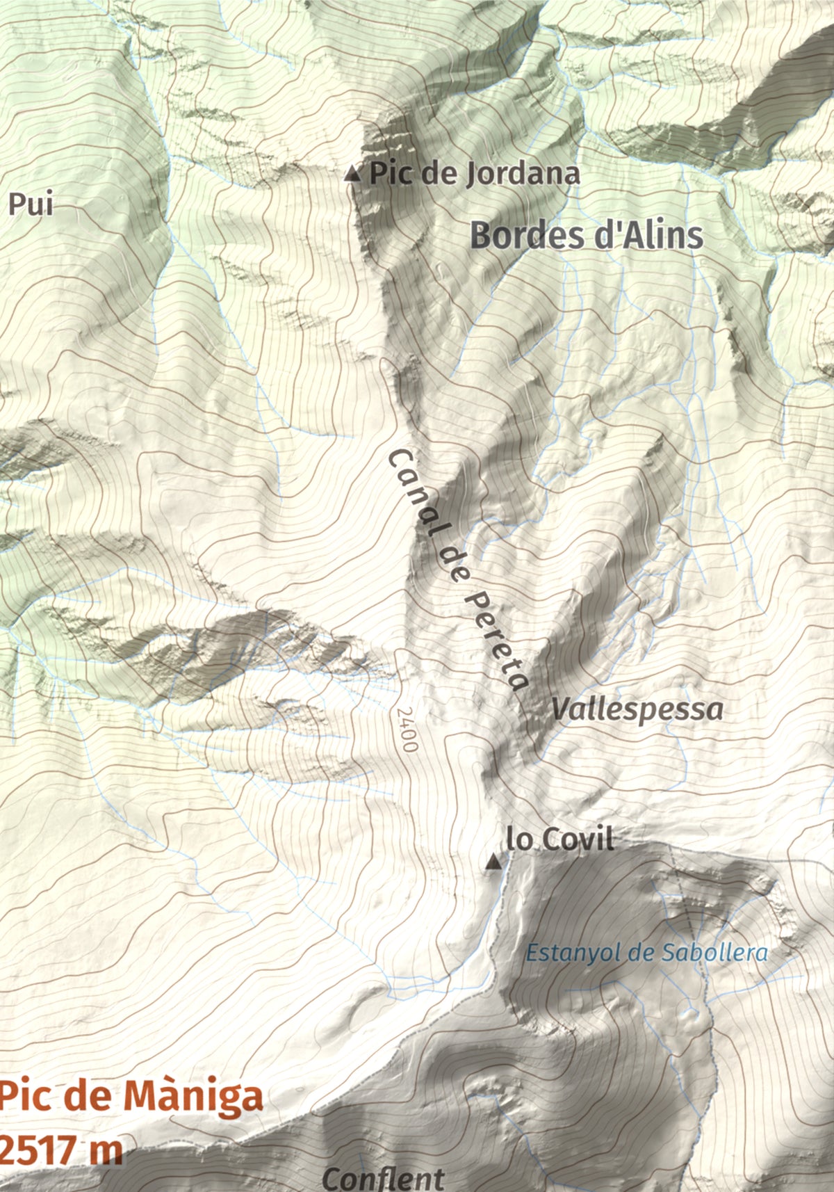 Mapa de relieve de Pic de Màniga, 2517 m, Pallars Sobirà, lámina 100 Cims de Trobart. Detalle de la zona superior derecha. 21 × 30 cm.