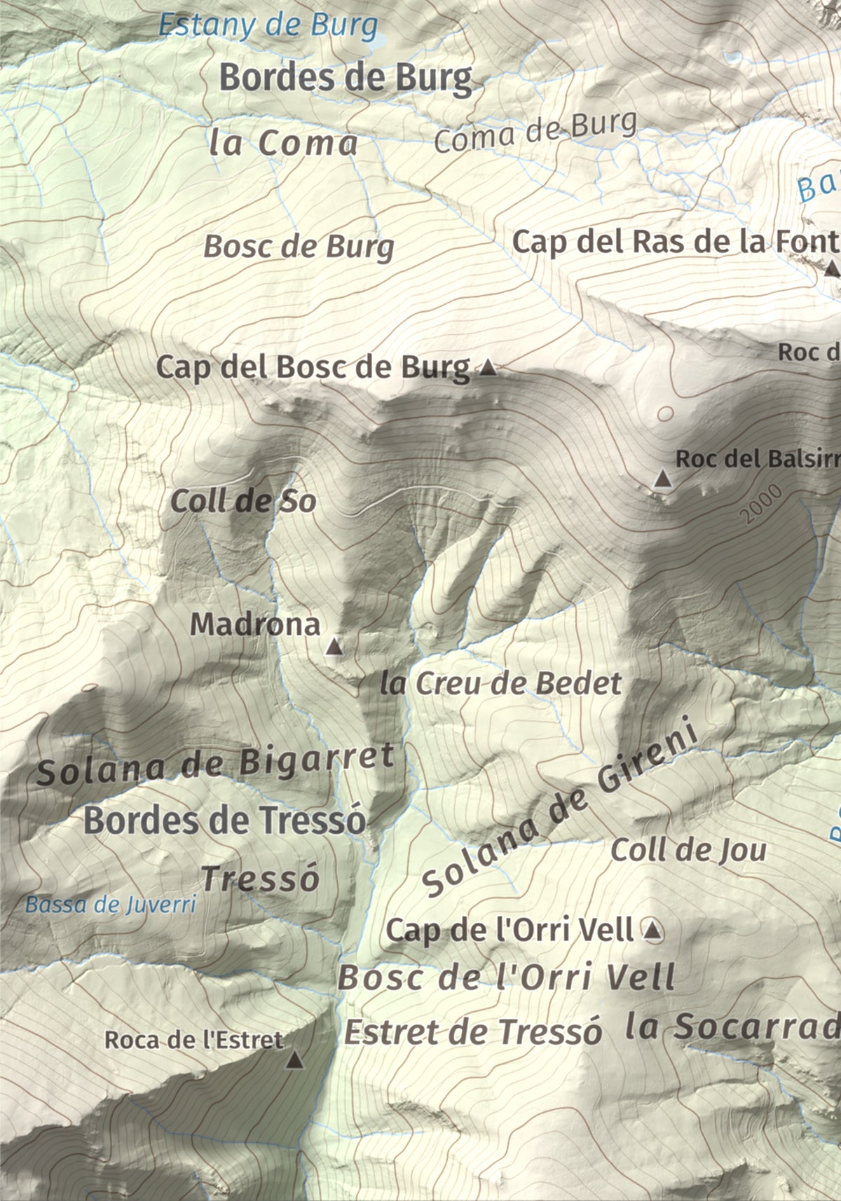 Mapa de relieve de Pic de Màniga, 2517 m, Pallars Sobirà, lámina 100 Cims de Trobart. Detalle de la zona inferior izquierda. 21 × 30 cm.