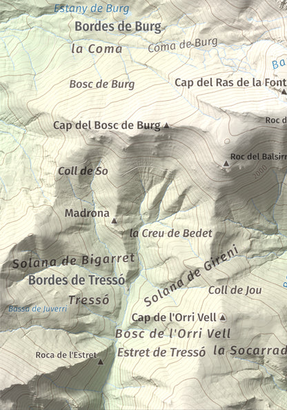 Mapa de relieve de Pic de Màniga, 2517 m, Pallars Sobirà, lámina 100 Cims de Trobart. Detalle de la zona inferior izquierda. 21 × 30 cm.