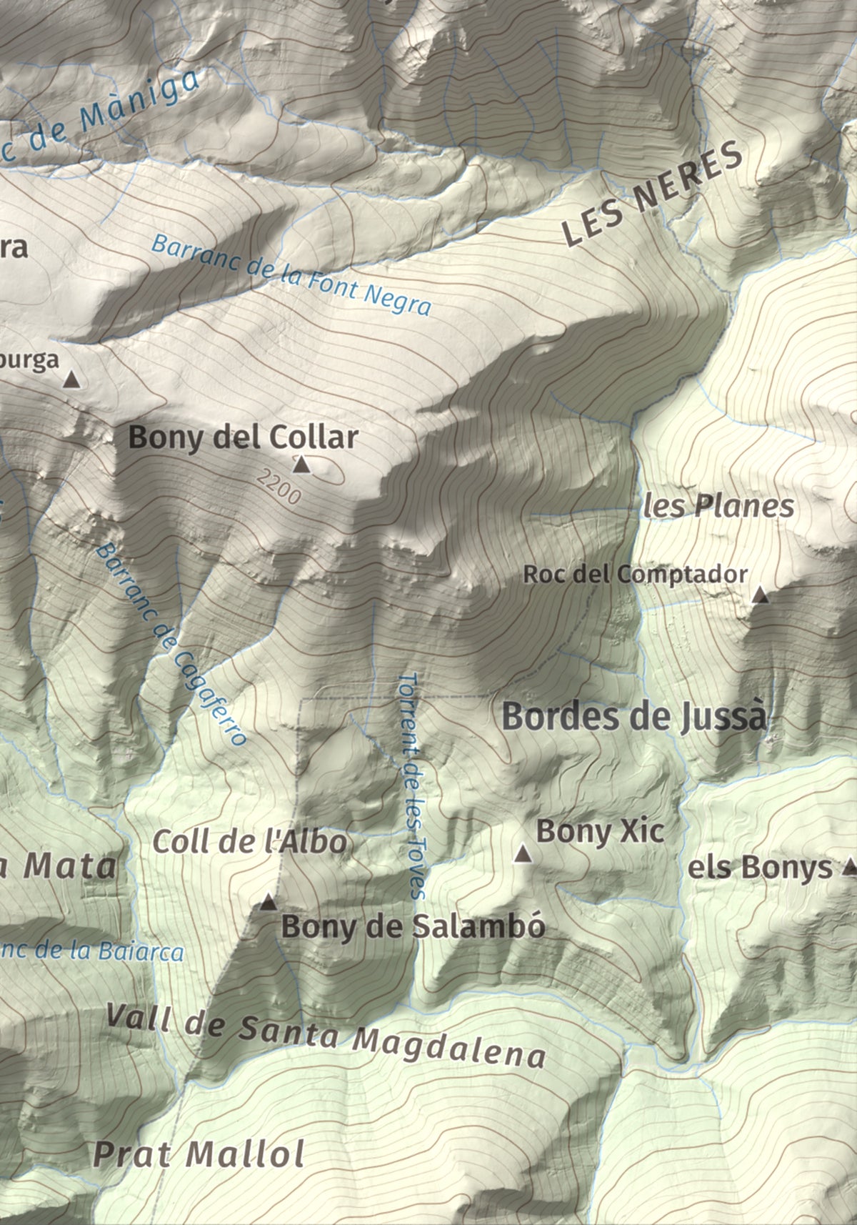 Mapa de relieve de Pic de Màniga, 2517 m, Pallars Sobirà, lámina 100 Cims de Trobart. Detalle de la zona inferior derecha. 21 × 30 cm.