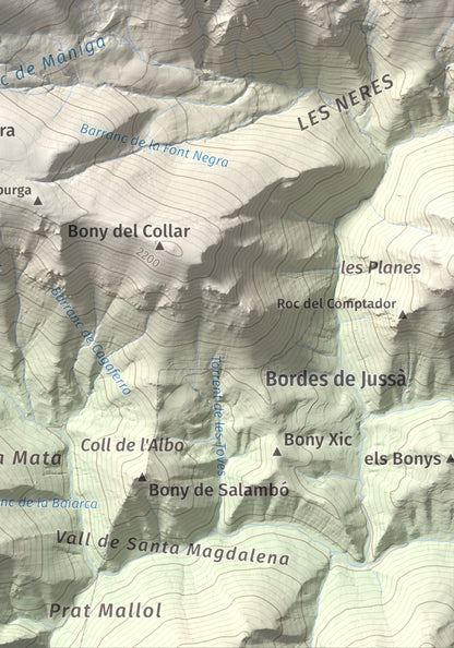 Mapa de relieve de Pic de Màniga, 2517 m, Pallars Sobirà, lámina 100 Cims de Trobart. Detalle de la zona inferior derecha. 21 × 30 cm.