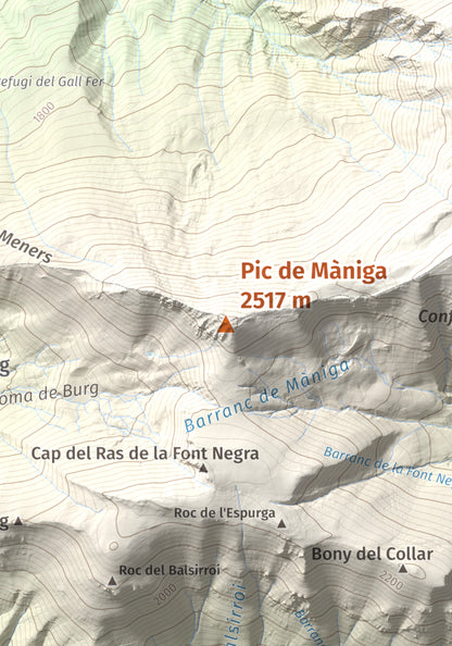 Mapa de relieve de Pic de Màniga, 2517 m, Pallars Sobirà, lámina 100 Cims de Trobart. Detalle de la zona central. 21 × 30 cm.