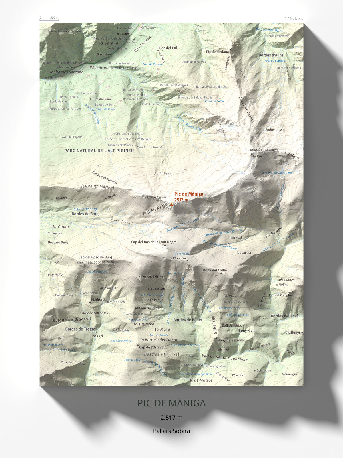 Mapa de relieve de Pic de Màniga, 2517 m, Pallars Sobirà, lámina 100 Cims de Trobart 30 × 40 cm.