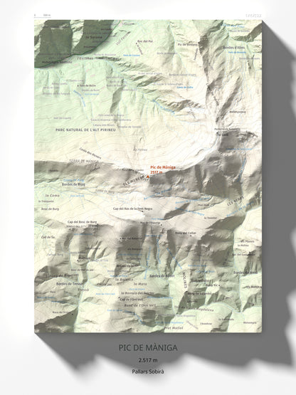 Mapa de relieve de Pic de Màniga, 2517 m, Pallars Sobirà, lámina 100 Cims de Trobart 30 × 40 cm.