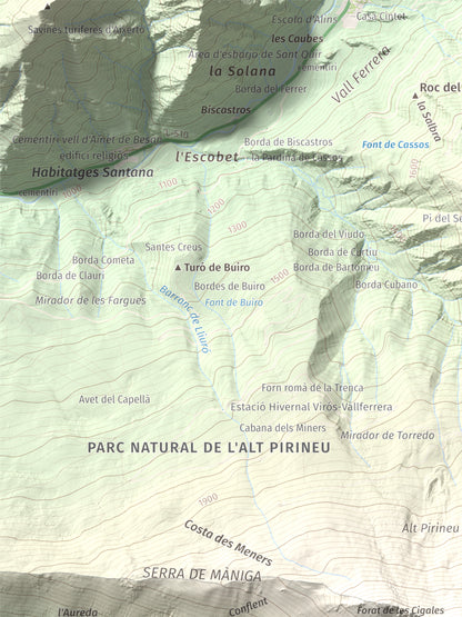 Mapa de relieve de Pic de Màniga, 2517 m, Pallars Sobirà, lámina 100 Cims de Trobart. Detalle de la zona superior izquierda. 30 × 40 cm.