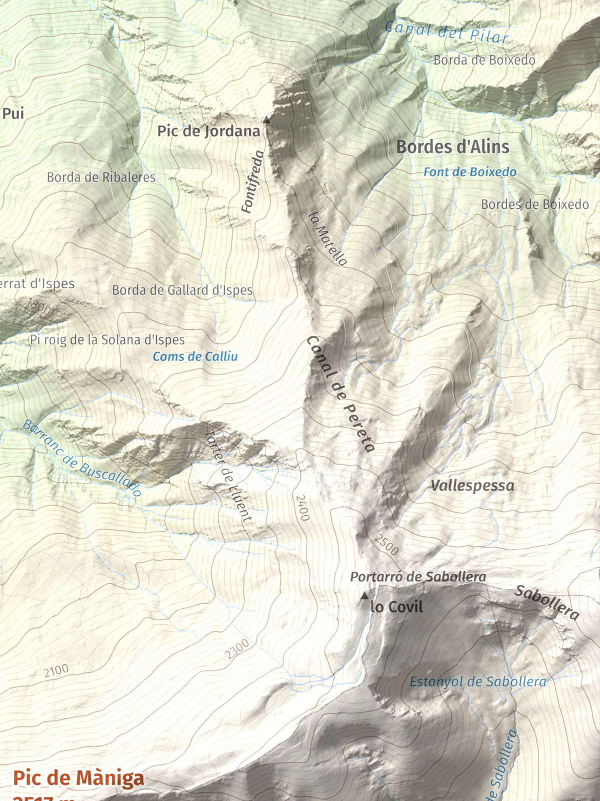 Mapa de relieve de Pic de Màniga, 2517 m, Pallars Sobirà, lámina 100 Cims de Trobart. Detalle de la zona superior derecha. 30 × 40 cm.
