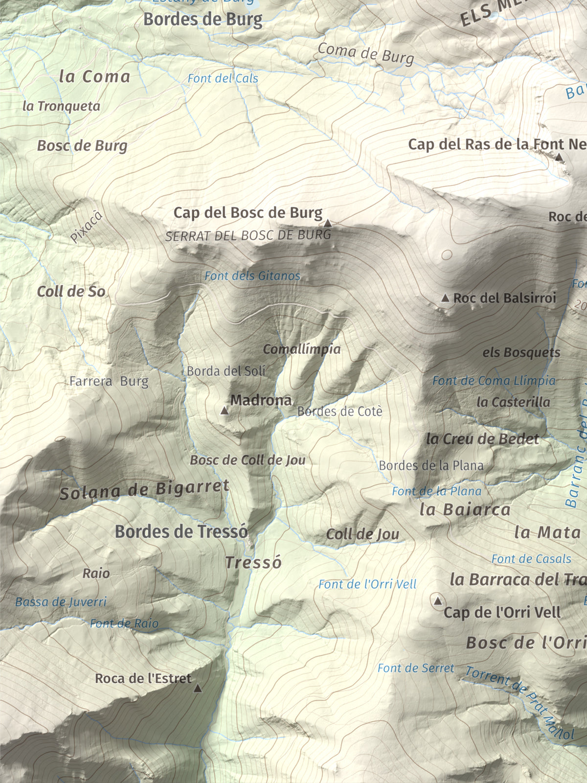 Mapa de relieve de Pic de Màniga, 2517 m, Pallars Sobirà, lámina 100 Cims de Trobart. Detalle de la zona inferior izquierda. 30 × 40 cm.