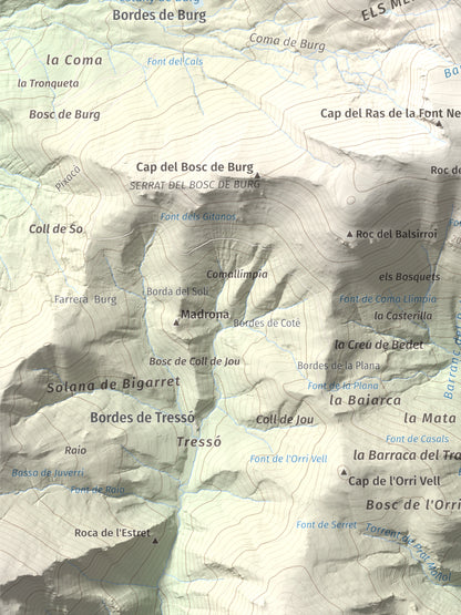 Mapa de relieve de Pic de Màniga, 2517 m, Pallars Sobirà, lámina 100 Cims de Trobart. Detalle de la zona inferior izquierda. 30 × 40 cm.