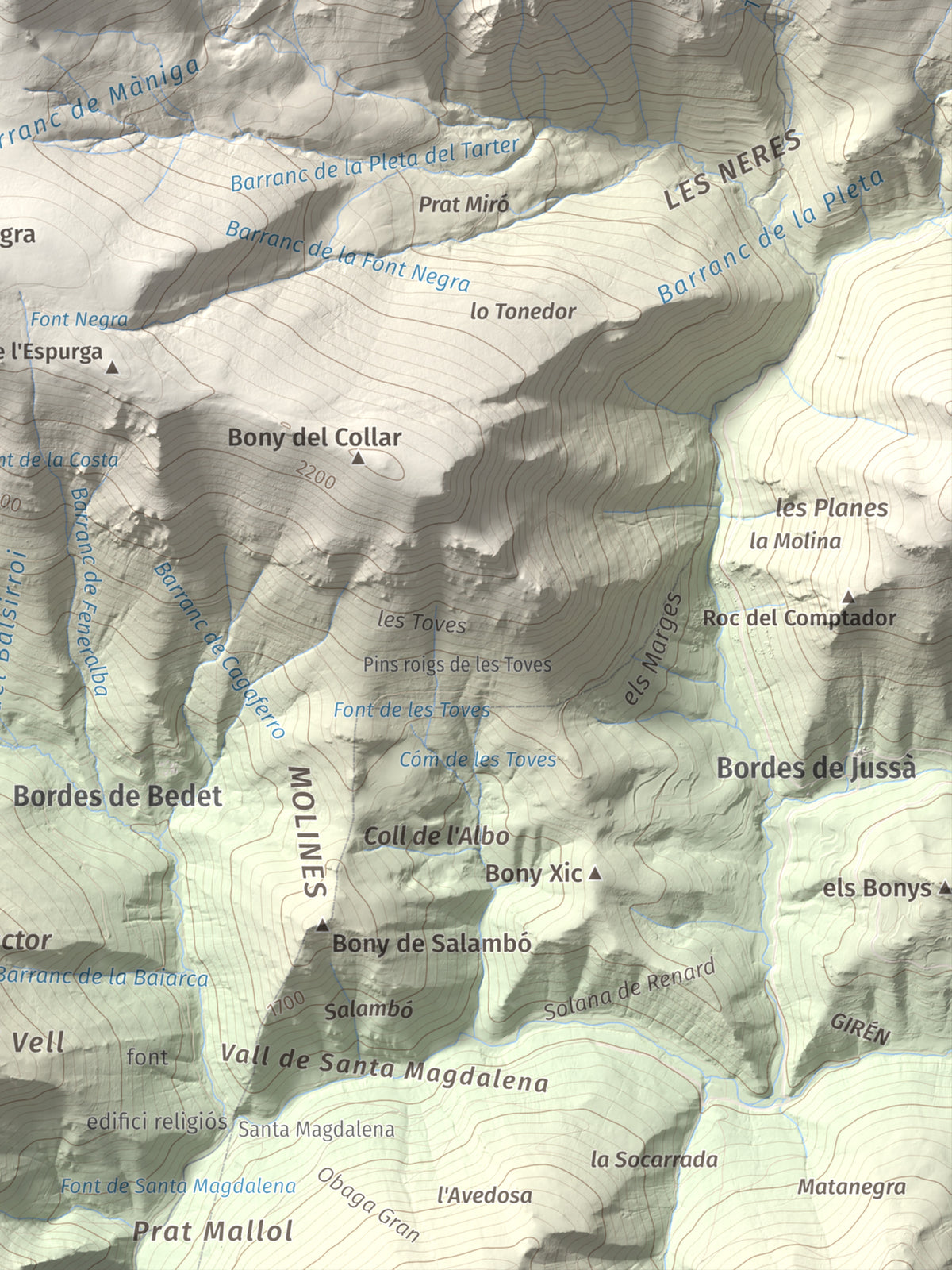 Mapa de relieve de Pic de Màniga, 2517 m, Pallars Sobirà, lámina 100 Cims de Trobart. Detalle de la zona inferior derecha. 30 × 40 cm.