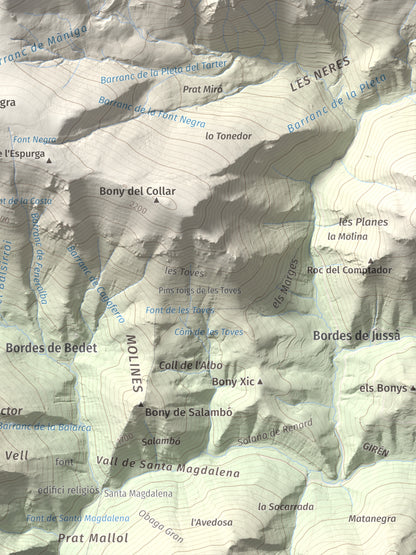 Mapa de relieve de Pic de Màniga, 2517 m, Pallars Sobirà, lámina 100 Cims de Trobart. Detalle de la zona inferior derecha. 30 × 40 cm.