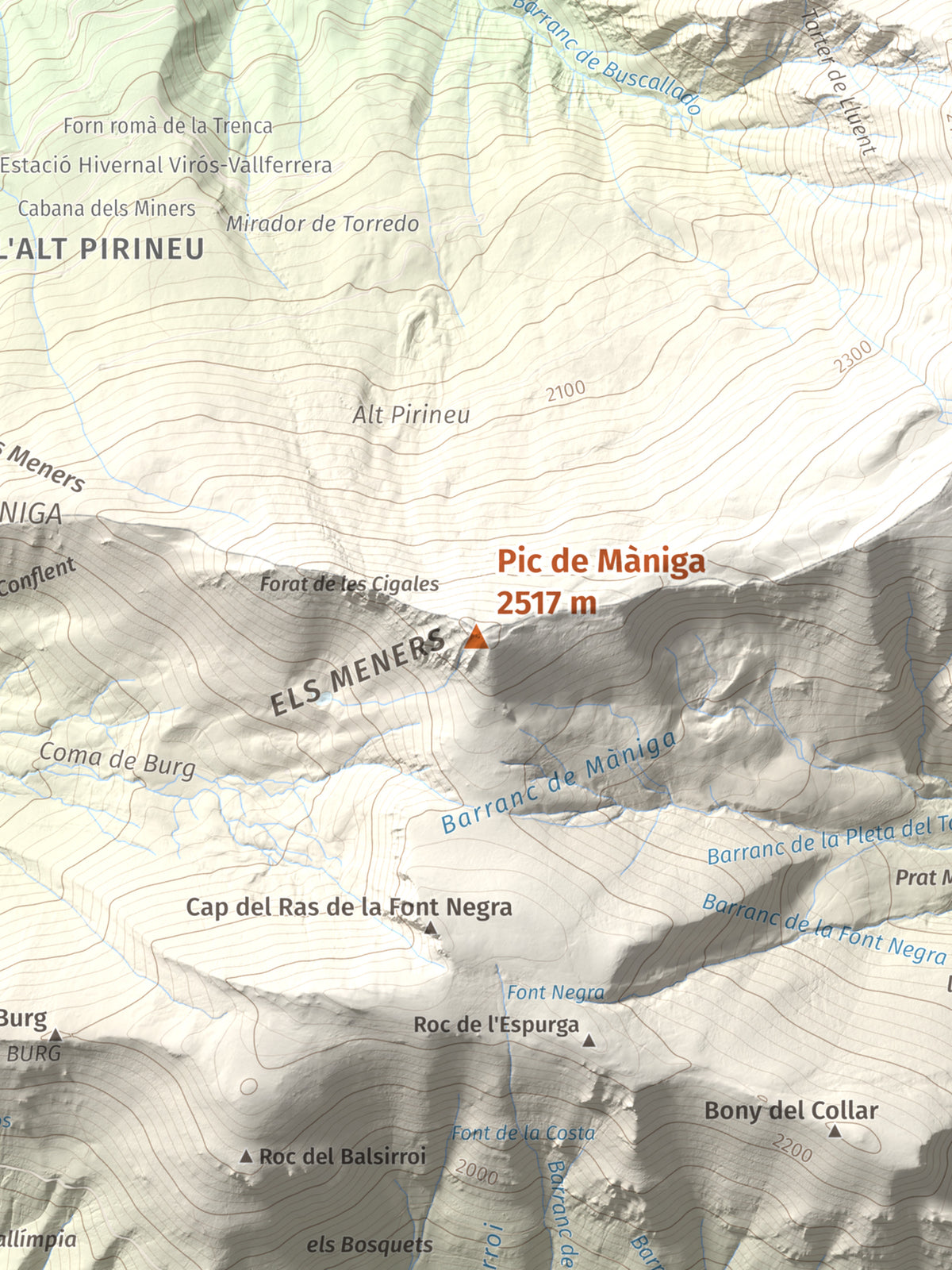 Mapa de relieve de Pic de Màniga, 2517 m, Pallars Sobirà, lámina 100 Cims de Trobart. Detalle de la zona central. 30 × 40 cm.