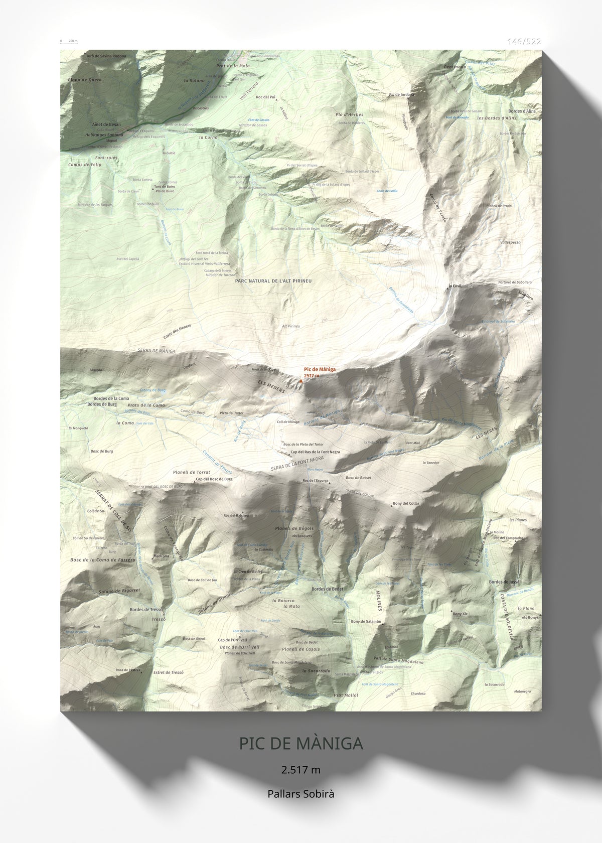 Mapa de relieve de Pic de Màniga, 2517 m, Pallars Sobirà, lámina 100 Cims de Trobart 50 × 70 cm.