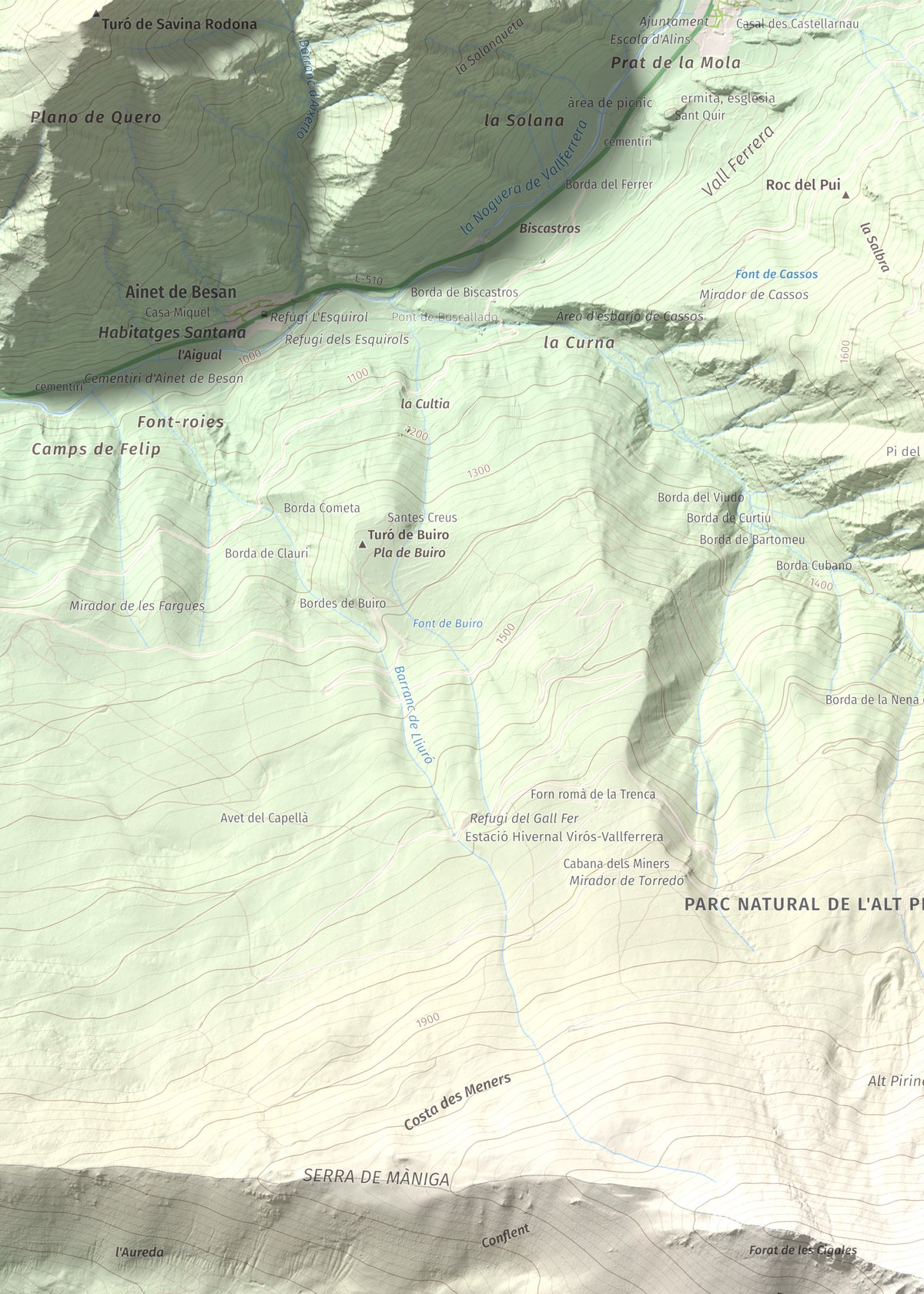 Mapa de relieve de Pic de Màniga, 2517 m, Pallars Sobirà, lámina 100 Cims de Trobart. Detalle de la zona superior izquierda. 50 × 70 cm.