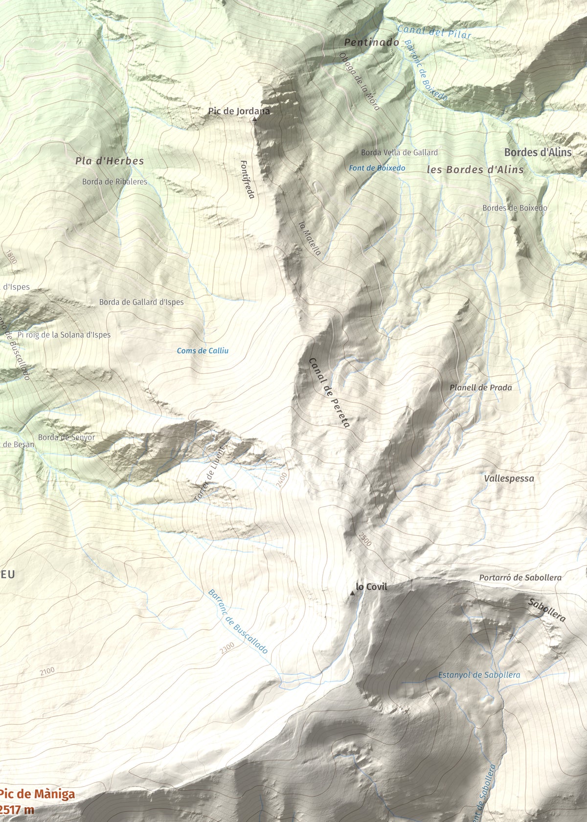 Mapa de relieve de Pic de Màniga, 2517 m, Pallars Sobirà, lámina 100 Cims de Trobart. Detalle de la zona superior derecha. 50 × 70 cm.
