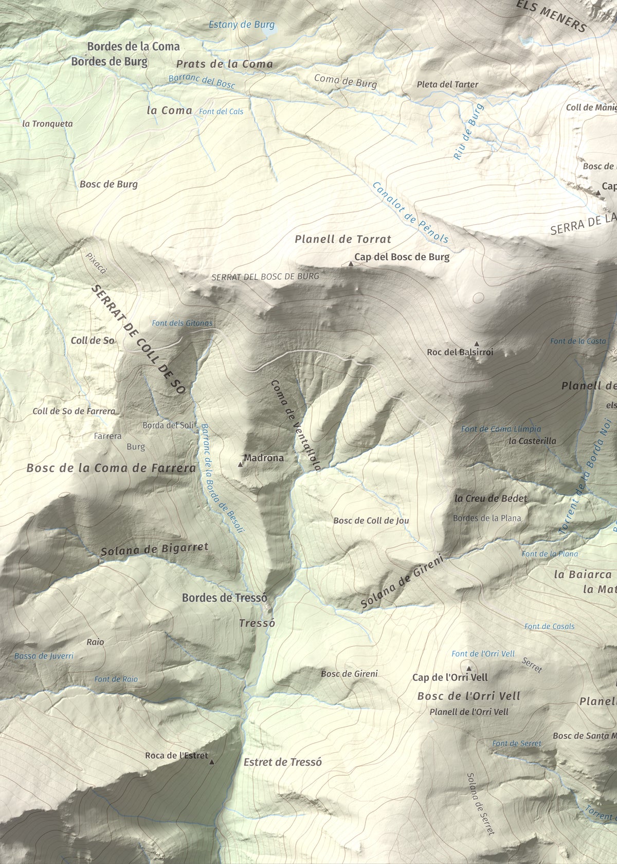 Mapa de relieve de Pic de Màniga, 2517 m, Pallars Sobirà, lámina 100 Cims de Trobart. Detalle de la zona inferior izquierda. 50 × 70 cm.