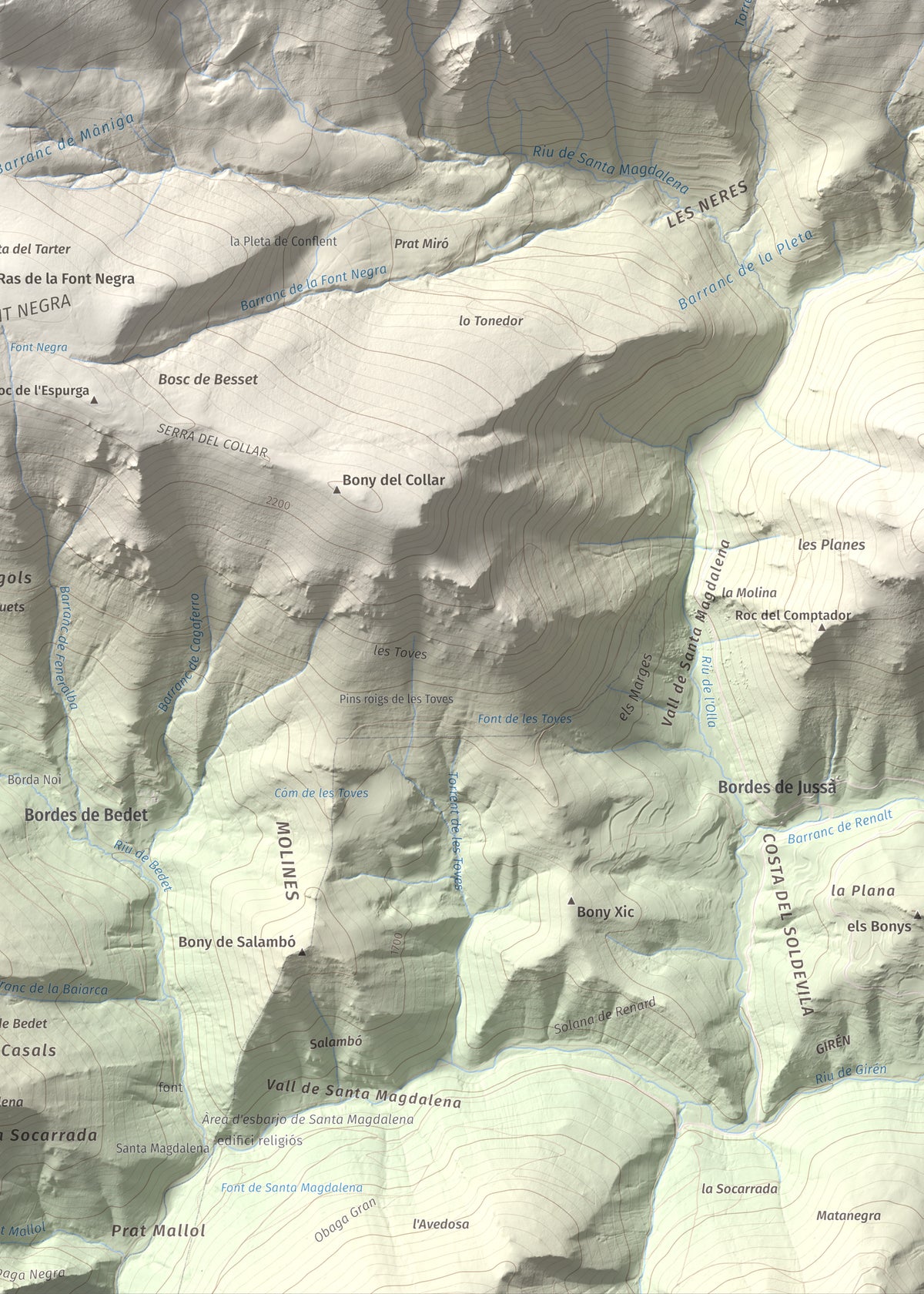 Mapa de relieve de Pic de Màniga, 2517 m, Pallars Sobirà, lámina 100 Cims de Trobart. Detalle de la zona inferior derecha. 50 × 70 cm.