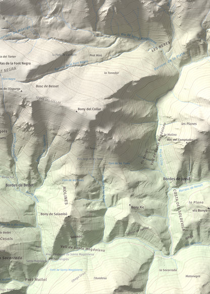 Mapa de relieve de Pic de Màniga, 2517 m, Pallars Sobirà, lámina 100 Cims de Trobart. Detalle de la zona inferior derecha. 50 × 70 cm.