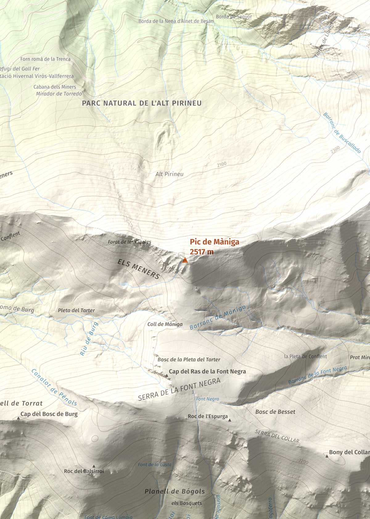 Mapa de relieve de Pic de Màniga, 2517 m, Pallars Sobirà, lámina 100 Cims de Trobart. Detalle de la zona central. 50 × 70 cm.
