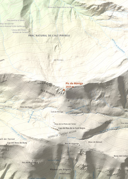 Mapa de relieve de Pic de Màniga, 2517 m, Pallars Sobirà, lámina 100 Cims de Trobart. Detalle de la zona central. 50 × 70 cm.