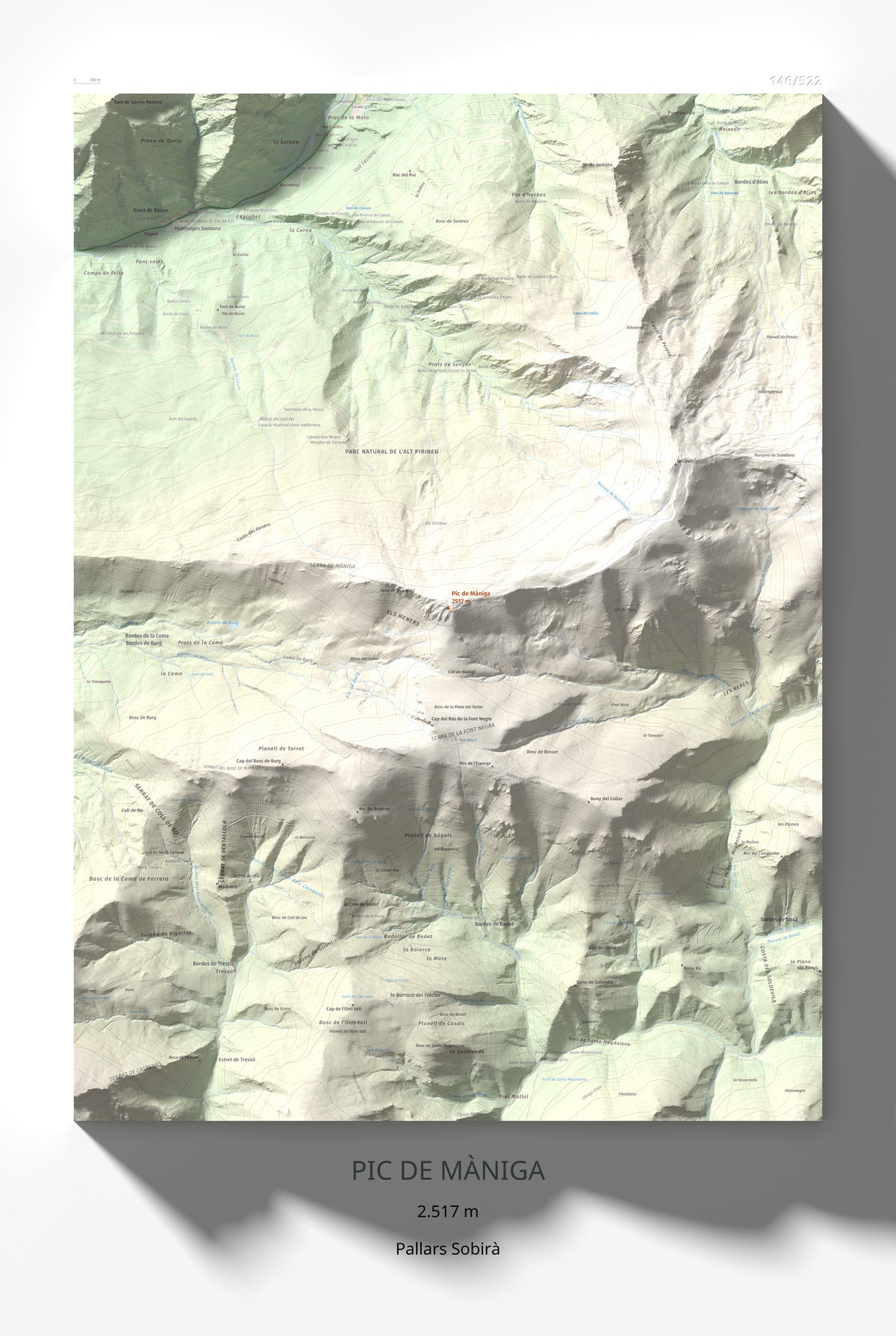 Mapa de relieve de Pic de Màniga, 2517 m, Pallars Sobirà, lámina 100 Cims de Trobart 61 × 91 cm.