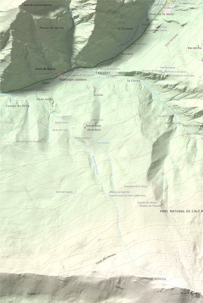 Mapa de relieve de Pic de Màniga, 2517 m, Pallars Sobirà, lámina 100 Cims de Trobart. Detalle de la zona superior izquierda. 61 × 91 cm.