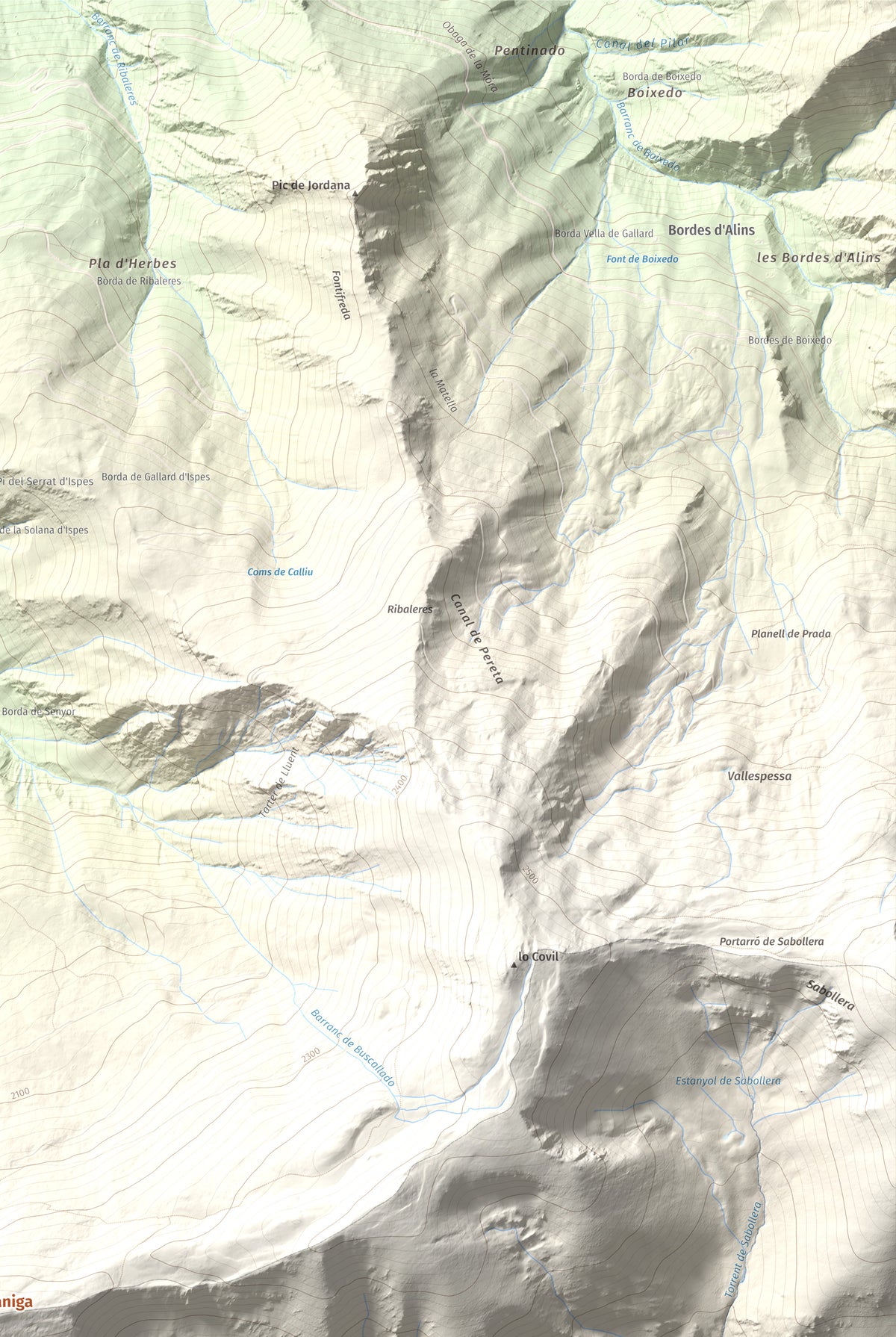 Mapa de relieve de Pic de Màniga, 2517 m, Pallars Sobirà, lámina 100 Cims de Trobart. Detalle de la zona superior derecha. 61 × 91 cm.