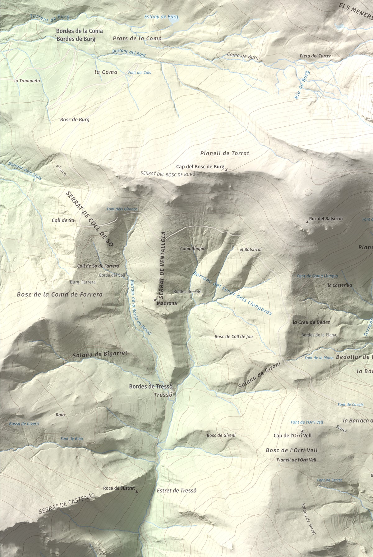 Mapa de relieve de Pic de Màniga, 2517 m, Pallars Sobirà, lámina 100 Cims de Trobart. Detalle de la zona inferior izquierda. 61 × 91 cm.