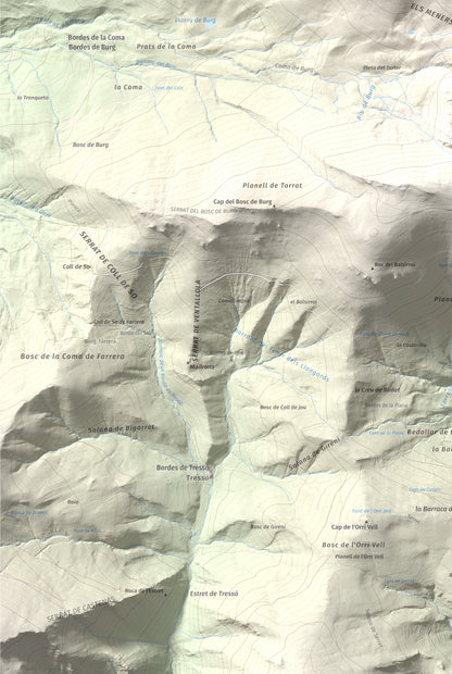 Mapa de relieve de Pic de Màniga, 2517 m, Pallars Sobirà, lámina 100 Cims de Trobart. Detalle de la zona inferior izquierda. 61 × 91 cm.